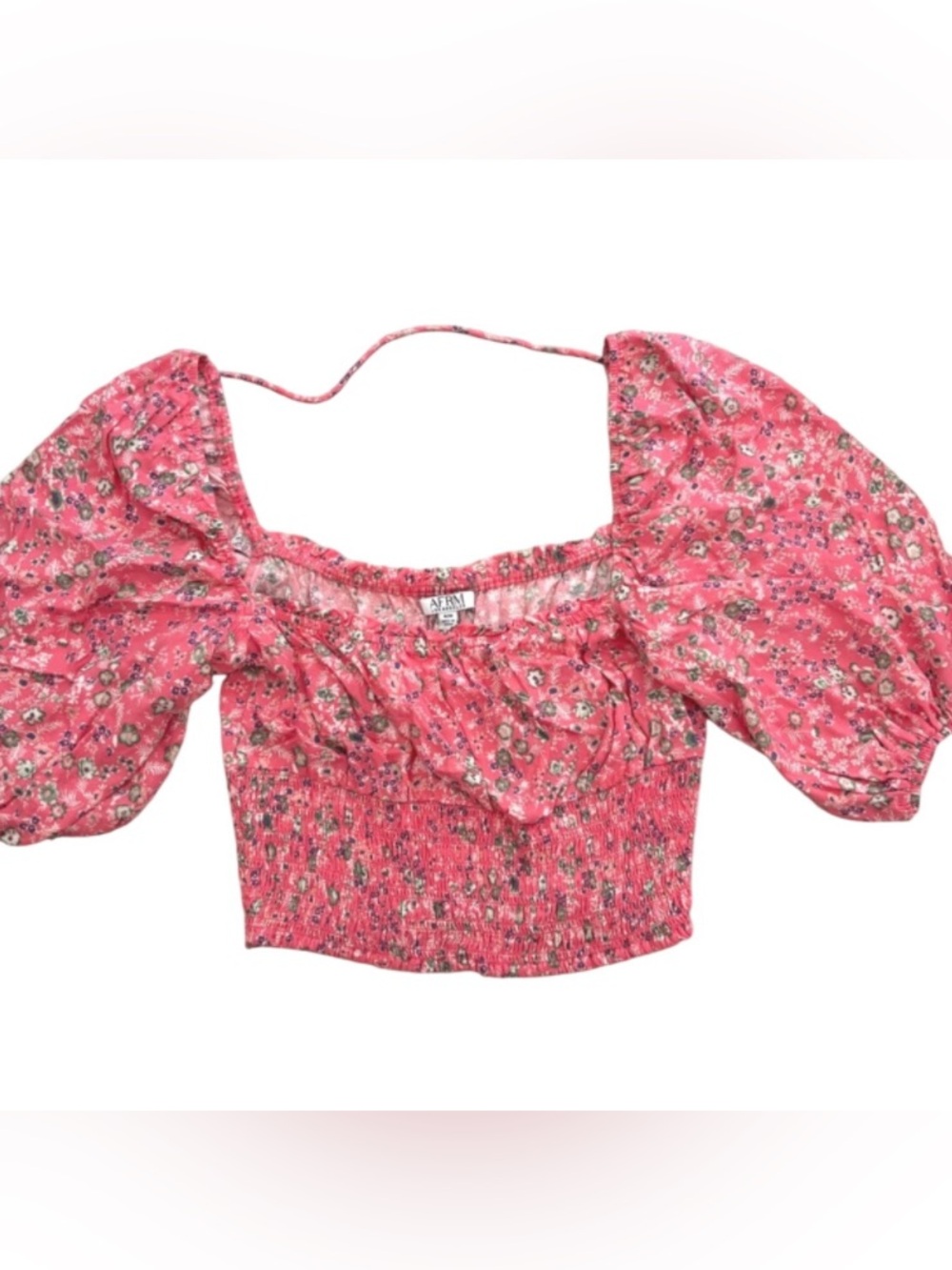 AFRM Floral Print Crop Top Pink Puff Sleeve Square Neck Smocked Top Size M NWT